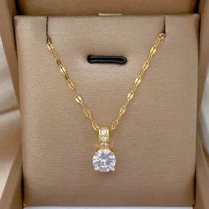 2ct Solitaire Round Stud Diamond 14K Gold Chain Womens Necklace Jewelry 2 ct NEW
